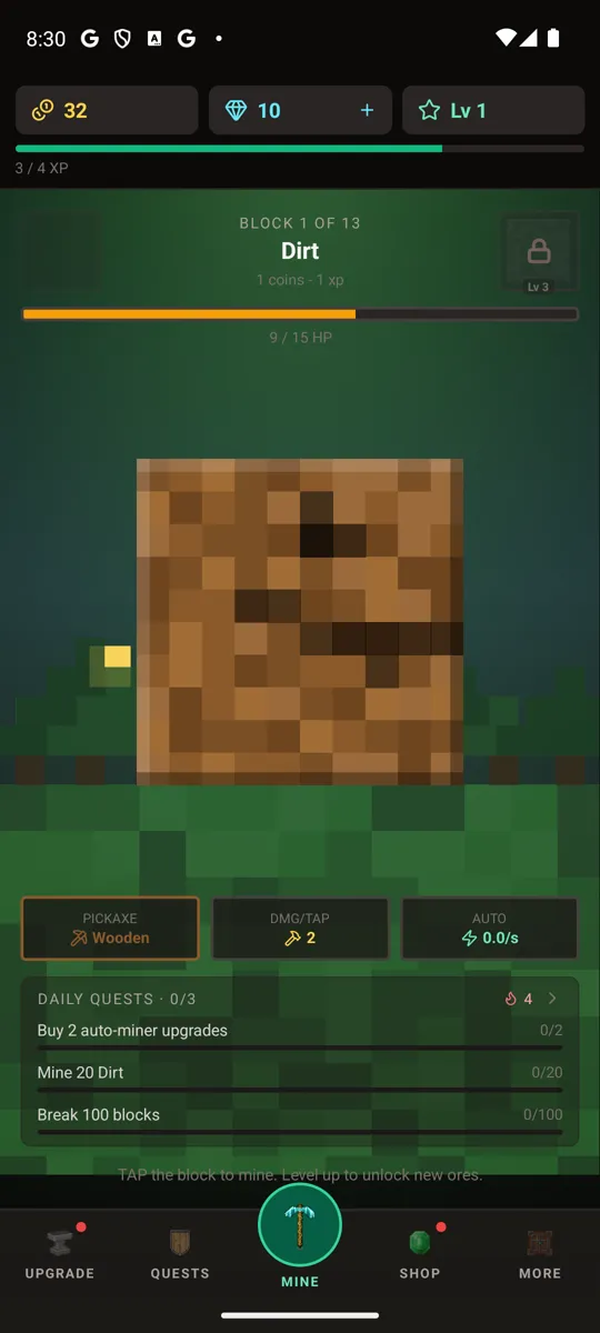 First swing, mining dirt at level 1