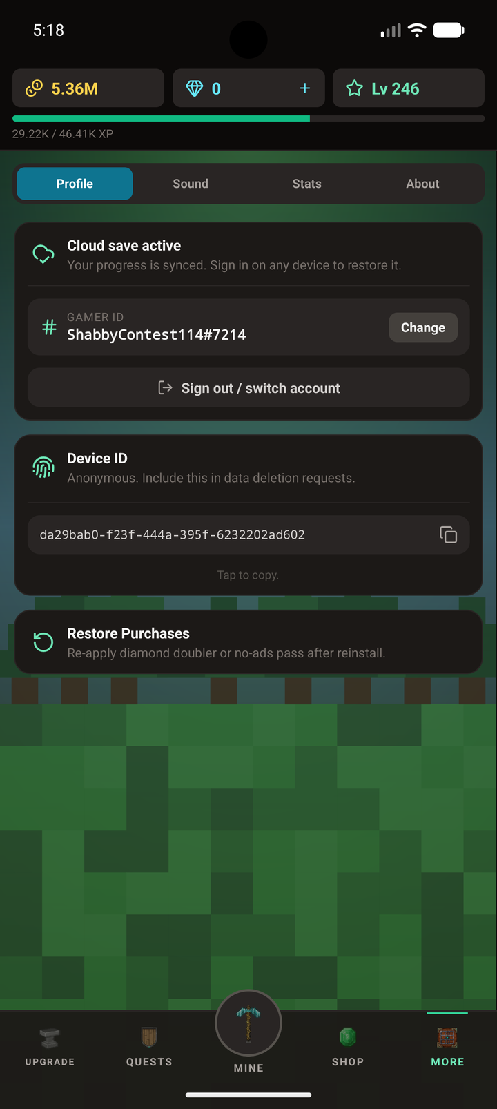 The MineMineMine Profile tab with the Sign out / switch account button