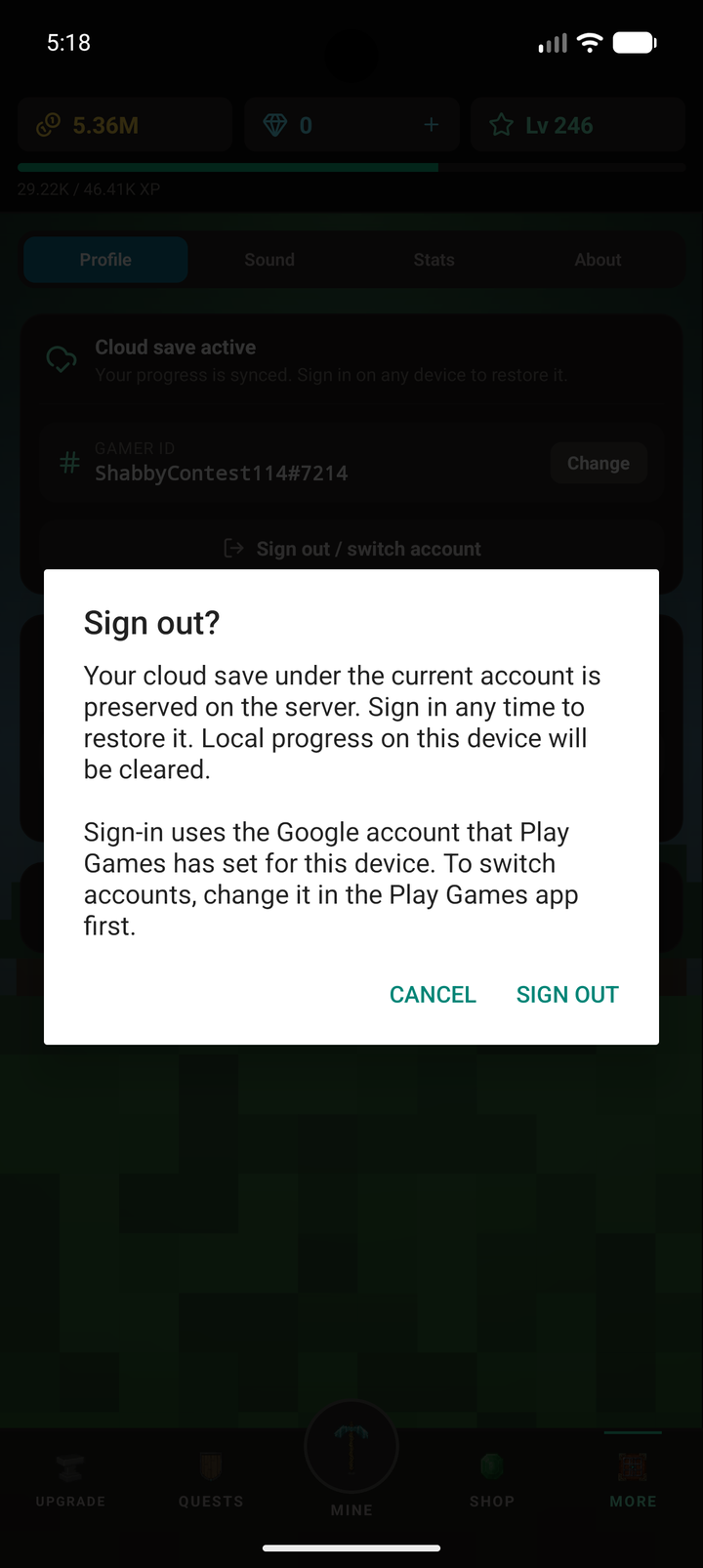 The sign out confirmation dialog in MineMineMine
