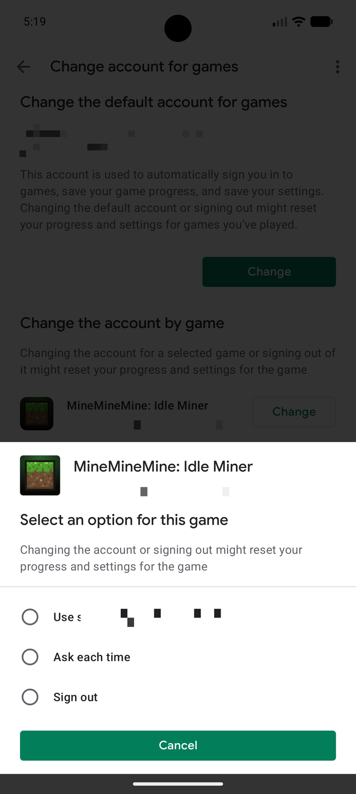The Play Games 'Change account for games' screen with account options for MineMineMine