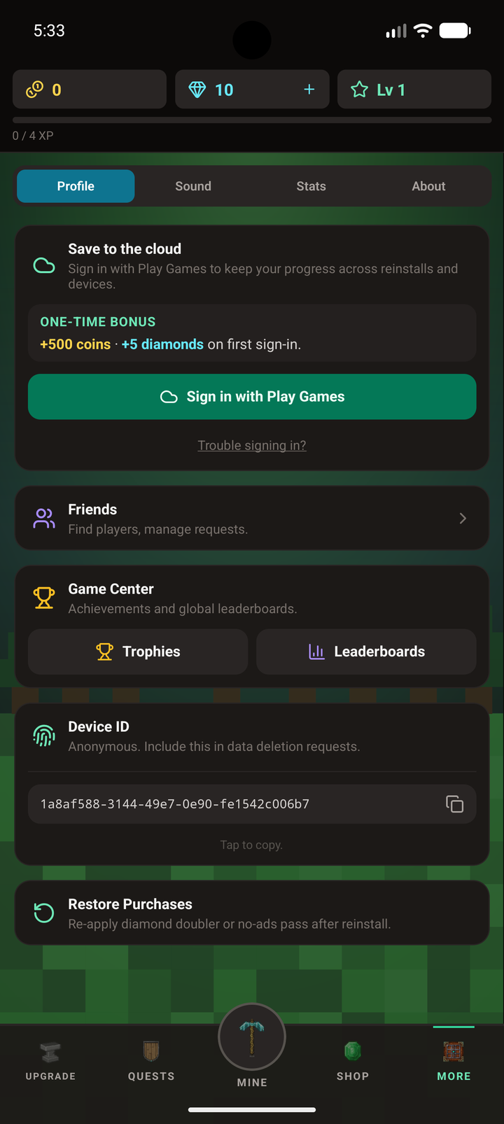 The MineMineMine Profile tab when signed out, with the Sign in with Play Games button